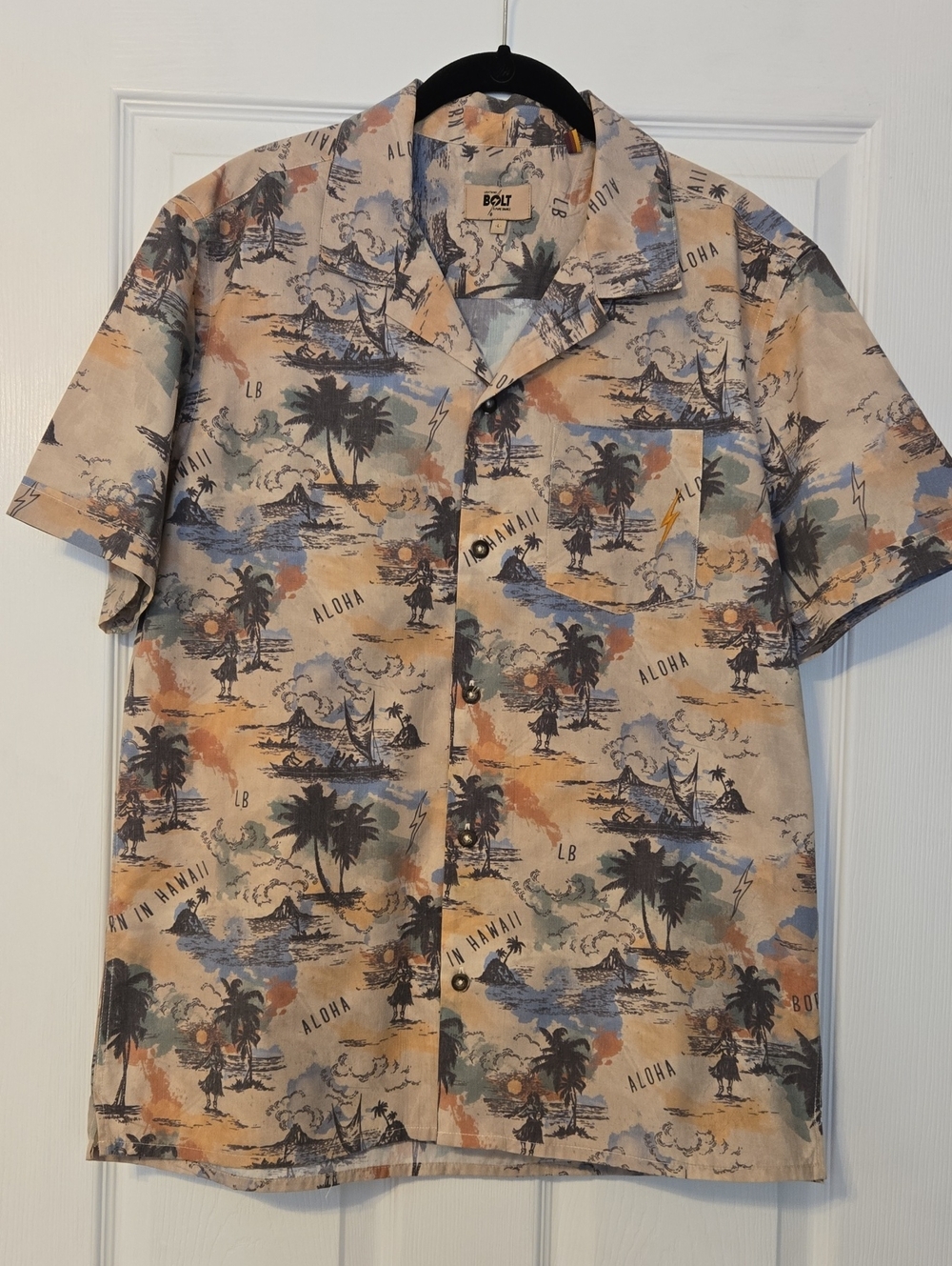 Men's Beige Aloha Print Short-Sleeve Button-Down Shirt
